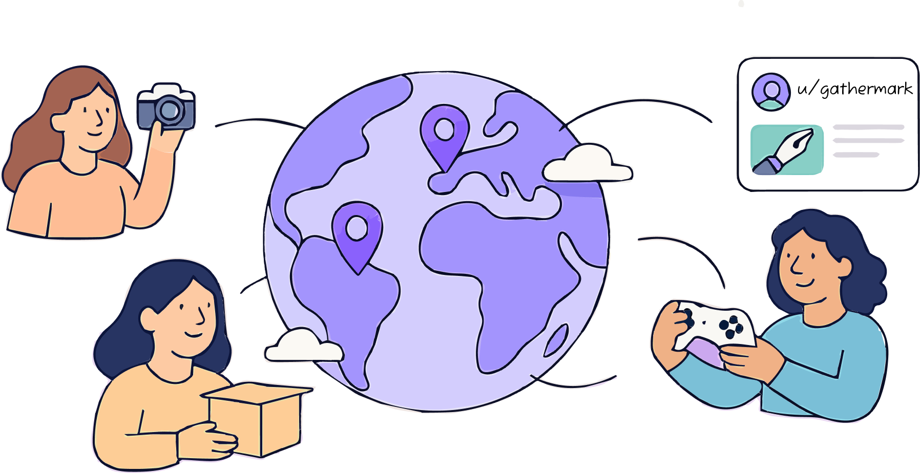 Illustration of a global community: people sharing hobbies like photography, gaming, and collecting items around a connected globe, representing the Gathermark platform.